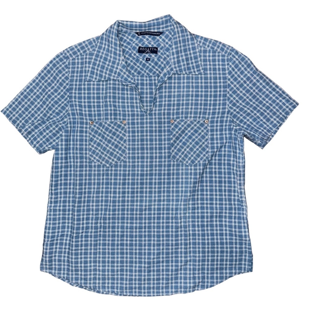 Vintage‎ Regatta Blue Plaid Short Sleeve Popover Shirt Coastal Cottage Preppy